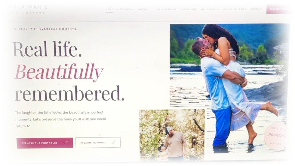 Actual homepage screenshot of Darla Marie Photography, with editorial blush-pink typography and a couple beside a river