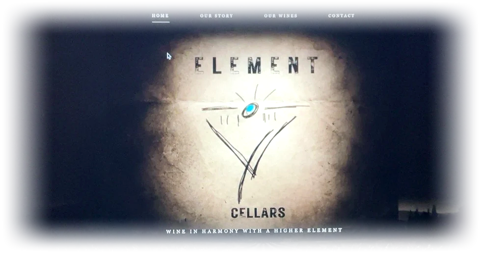 Actual Element Cellars homepage screenshot showing the winery logo on a dark vineyard background