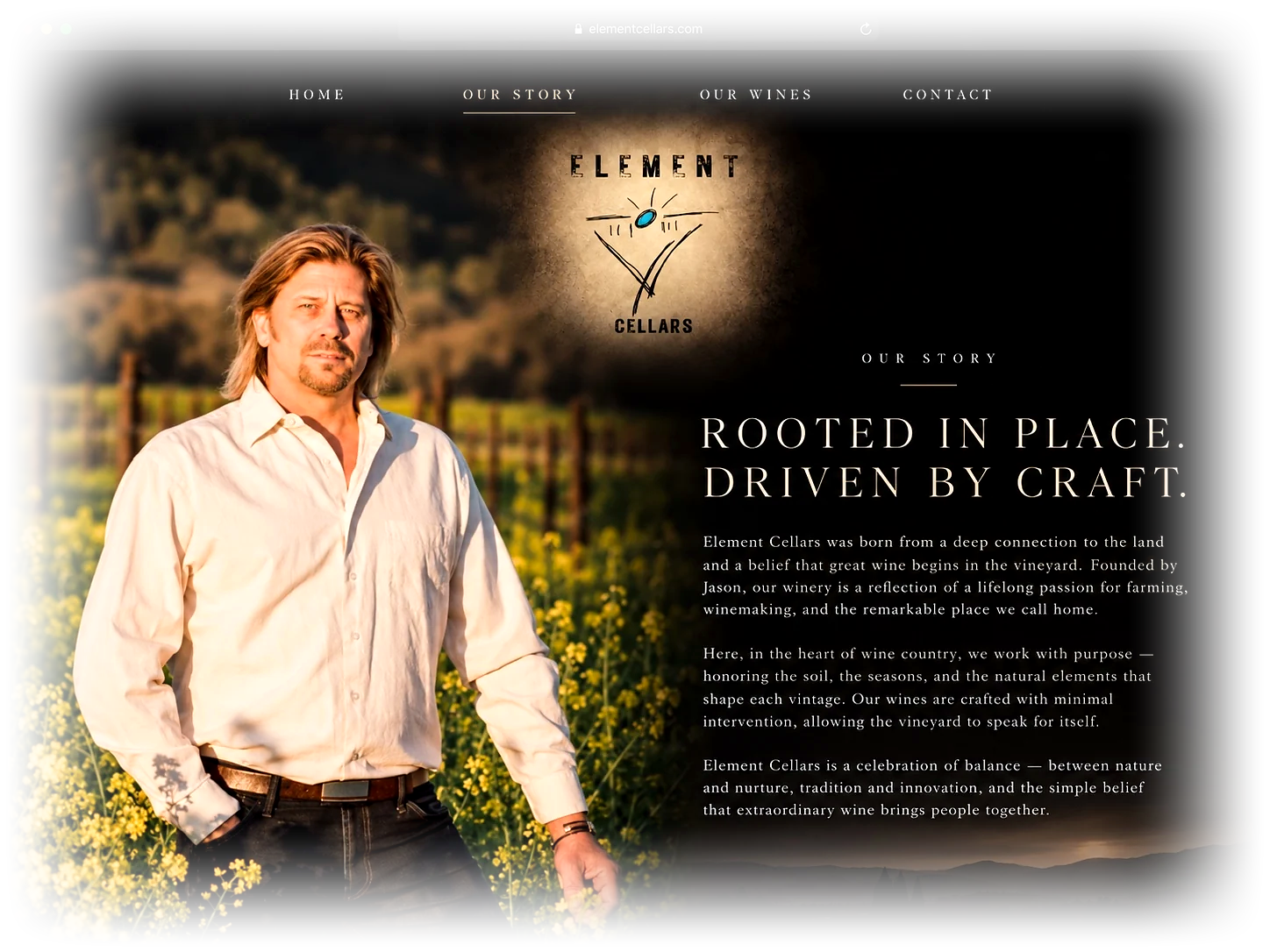 Actual Element Cellars Our Story website design showing the vineyard and owner