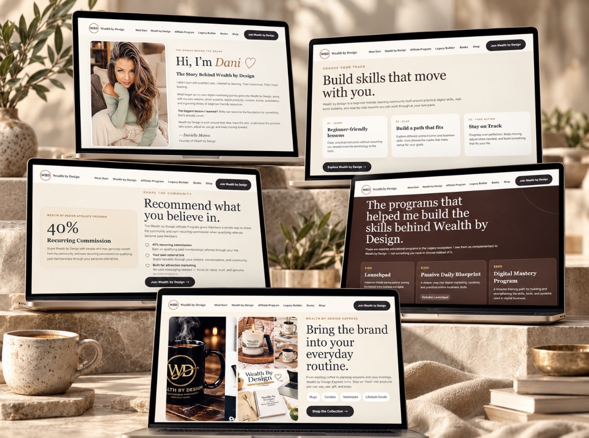 Wealth by Design portfolio collage showing multiple actual website pages displayed on laptop computers